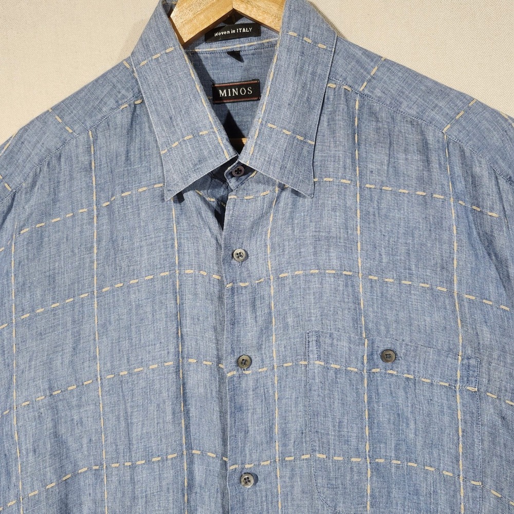 Minos Linen Silk Mens XL Blue Windowpane Short Sleeve Button Down Shirt Italy